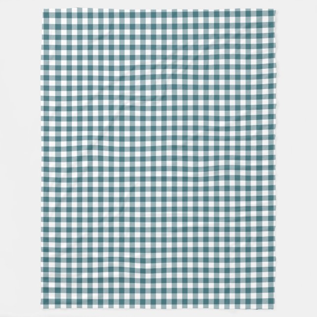 Peacock Blue (Dark Teal Deep Aqua) White Gingham Fleece Blanket (Front)