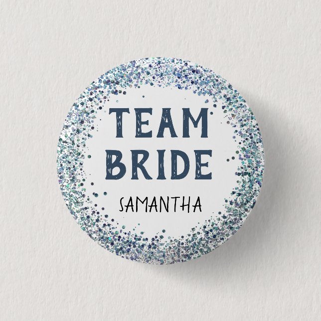 Peacock Blue Glitter Team Bride Name 1 Inch Round Button (Front)