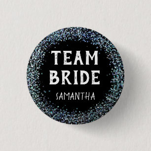Peacock Blue Glitter Team Bride Name Black 1 Inch Round Button