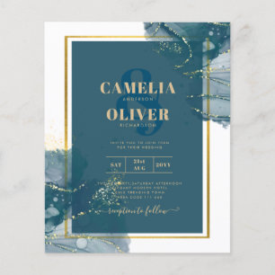 Peacock Blue Gold Alcohol INK Chic Wedding Invite Flyer