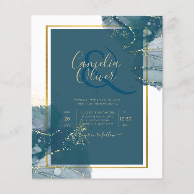 Peacock Blue Gold Alcohol INK Chic Wedding Invite Flyer (Front)