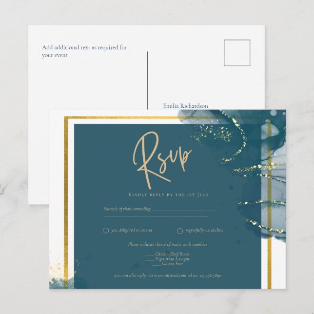 Peacock Blue Gold Alcohol INK Chic Wedding RSVP Postcard (Front/Back)