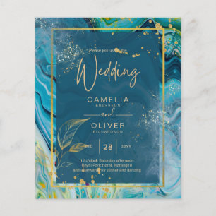 Peacock Blue Gold INK Abstract Wedding  Flyer