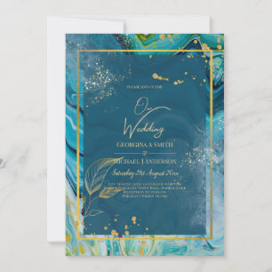 Peacock Blue Gold INK Abstract Wedding Invitation