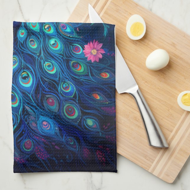 Peacock - Blue Green Aqua Feathers & Pink Flowers Kitchen Towel (Quarter Fold)