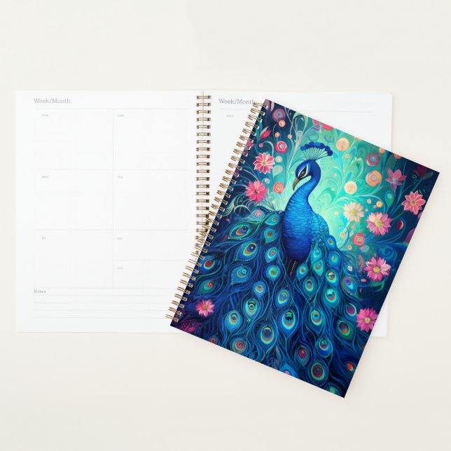 Peacock - Blue Green Aqua Feathers & Pink Flowers Planner (Display)