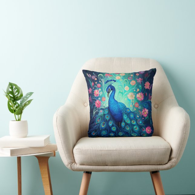 Peacock - Blue Green Aqua Feathers & Pink Flowers Throw Pillow (Chair)