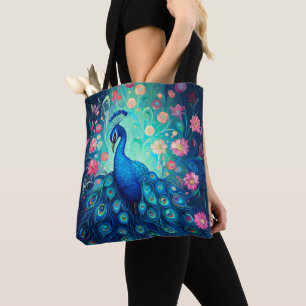 Peacock - Blue Green Aqua Feathers & Pink Flowers Tote Bag