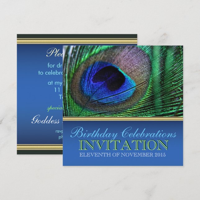 Peacock Blue+Green Feather Invitations Anniversair (Devant / Derrière)