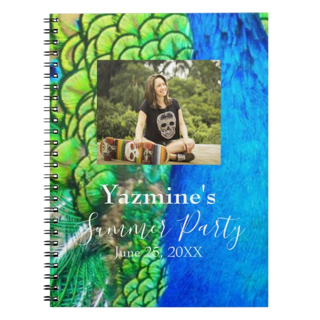 Peacock Blue Green Feather Texture Summer Photos Notebook (Front)