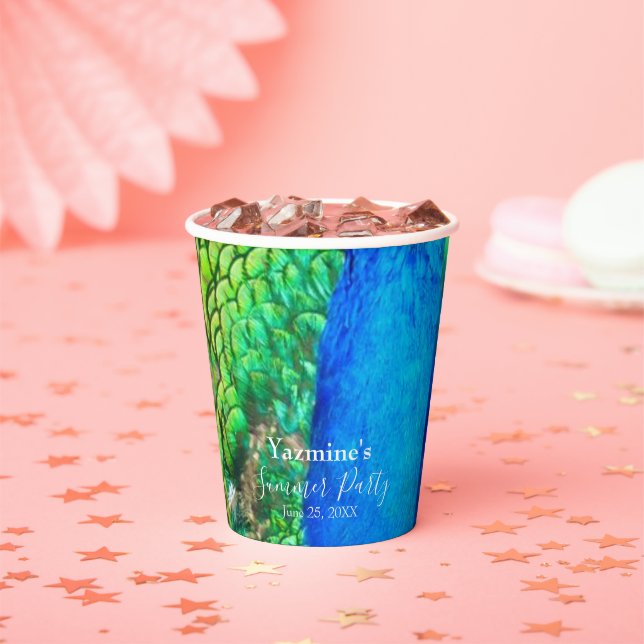 Peacock Blue Green Feather Texture Summer Vibes Paper Cups (Insitu)