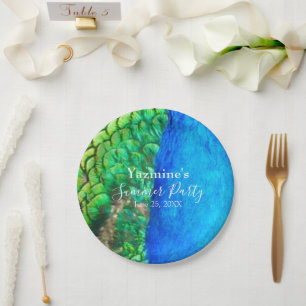 Peacock Blue Green Feather Texture Summer Vibes Paper Plate