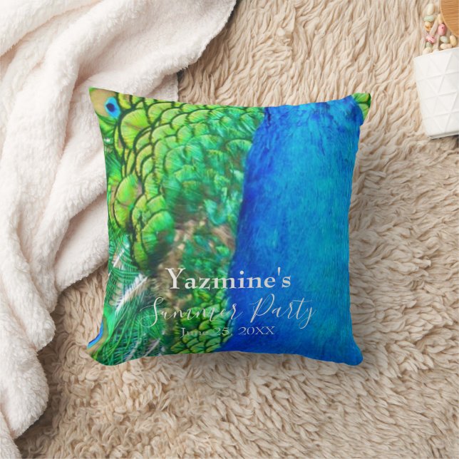 Peacock Blue Green Feather Texture Summer Vibes Throw Pillow (Blanket)