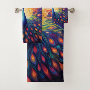 Peacock - Blue Green Pink Orange Yellow Feathers Bath Towel Set