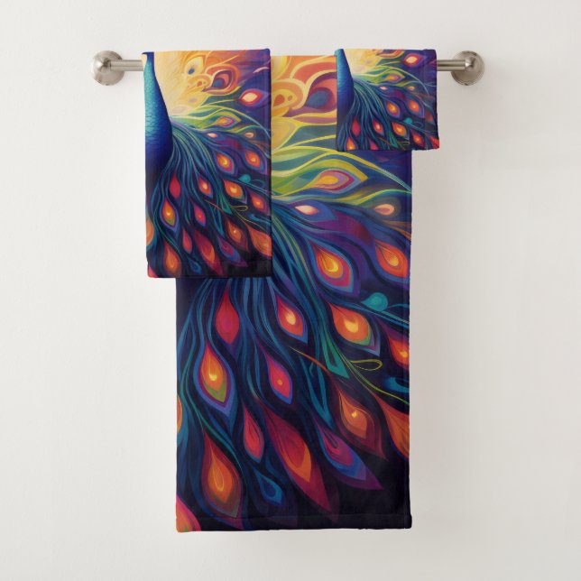 Peacock - Blue Green Pink Orange Yellow Feathers Bath Towel Set (Insitu)