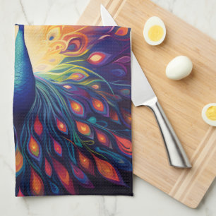 Peacock - Blue Green Pink Orange Yellow Feathers Kitchen Towel