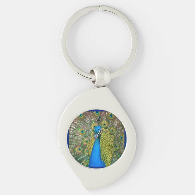 Peacock Blue Head with and Colourful Tail Feathers Keychain (Front)
