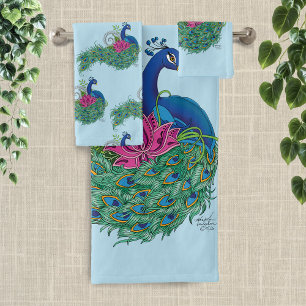 Peacock Blue Lotus Flower Henna Bath Towel Set