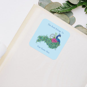 Peacock Blue Lotus Flower Henna Bookplate Square Sticker