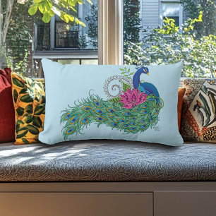 Peacock Blue Lotus Flower Henna Lumbar Pillow