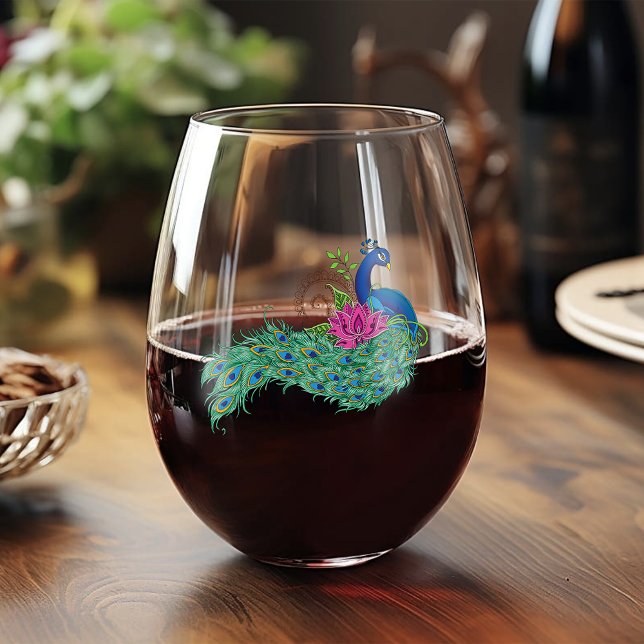 Peacock Blue Lotus Flower Henna Stemless Wine Glass (Creator Uploaded)