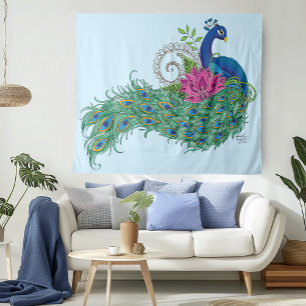 Peacock Blue Lotus Flower Henna Tapestry