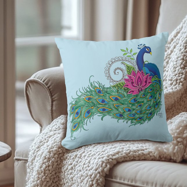 Peacock Blue Lotus Flower Henna Throw Pillow (Creator Uploaded)