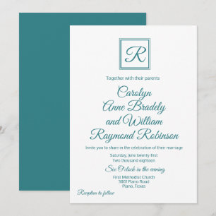 Peacock Blue Monogrammed Wedding Invitation