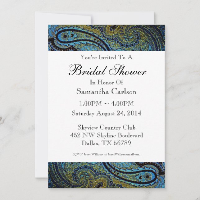 Peacock Blue Paisley Bridal Shower Invitation (Front)