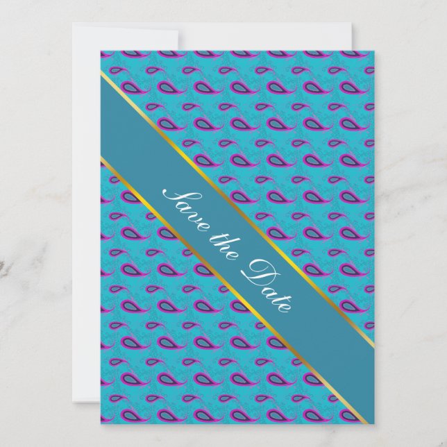 Peacock Blue Paisley Save The Date (Front)