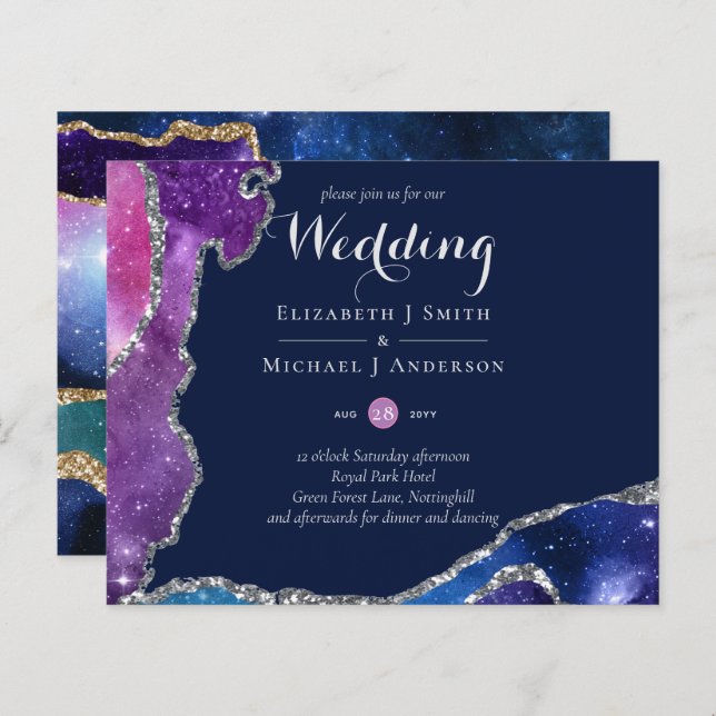 Peacock Blue Pink Agate Wedding Invite BUDGET (Front/Back)