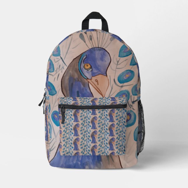 Peacock Blue Printed Backpack (Front)