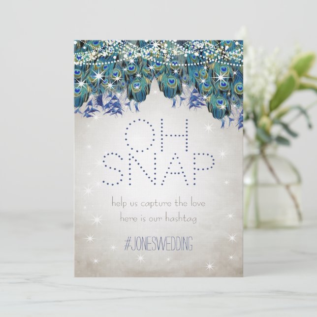 Peacock Blue Silver OH Snap Wedding Hashtag Card (Standing Front)
