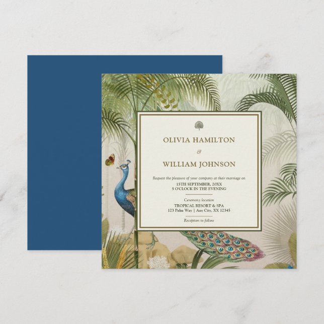 Peacock Blue Square Tropical Peacock Palm Wedding Invitation (Front/Back)