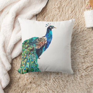 Peacock Blue Teal Bird White Throw Pillow