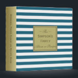 Peacock Blue Teal Striped Wedding, Photos, Recipes Binder<br><div class="desc">The design feature a harmonious blend of peacock blue teal and pure white horizontal stripes. The back showcases a regal gold backdrop, ready for personalization in a rich, darker gold font, creating a stunning contrast. On the front, a customizable area resides within an antique gold rectangular shape, delicately outlined in...</div>