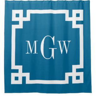Peacock Blue White Greek Key #2 Framed 3I Monogram