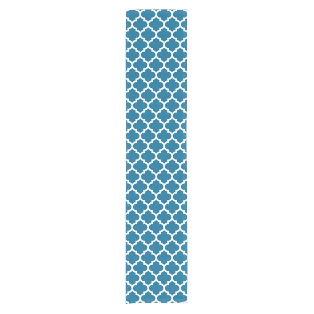 Peacock Blue White Moroccan Quatrefoil Pattern #5 Short Table Runner (Front)