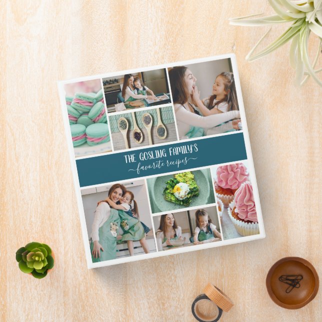 Peacock Blue White Photo Collage Family Recipes Binder (In Situ)