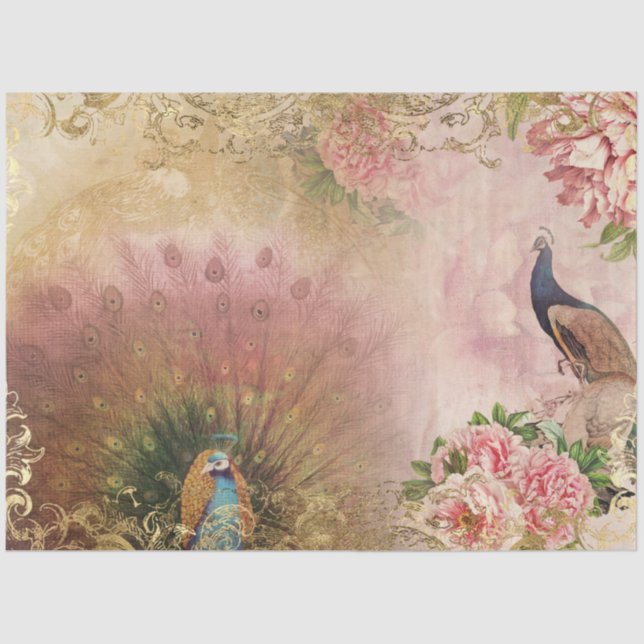 Peacock Blush Pink Peony Floral Gold Decoupage Tissue Paper (Front)