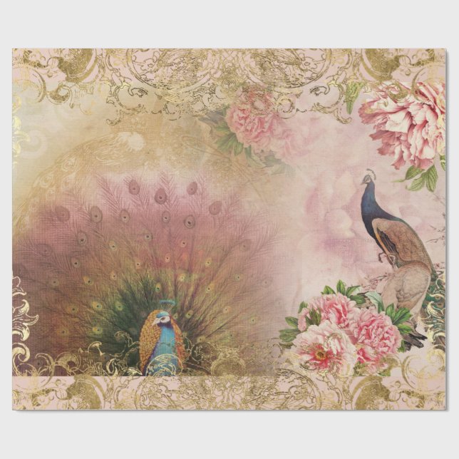 Peacock Blush Pink Peony Floral Gold Decoupage Wrapping Paper (Flat)