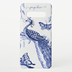 Peacock Butterfly Chinese Navy Blue White Vintage  Samsung Galaxy Case