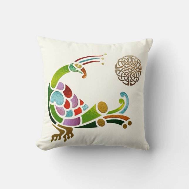 Peacock Celtic Deco Jewelled Throw Pillow (Front)
