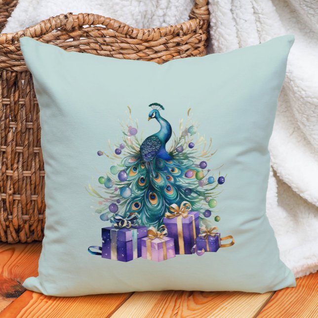 Peacock Christmas Purple Blue Teal Throw Pillow (Purple and teal peacock Christmas decorator pillow.)