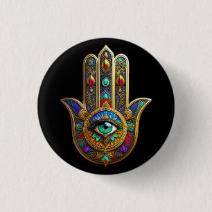 Peacock Color Flower Petals Hamsa Green Third Eye 1 Inch Round Button