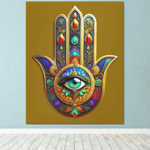 Peacock Color Flower Petals Hamsa Green Third Eye Canvas Print