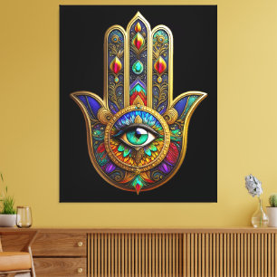 Peacock Color Flower Petals Hamsa Green Third Eye Canvas Print