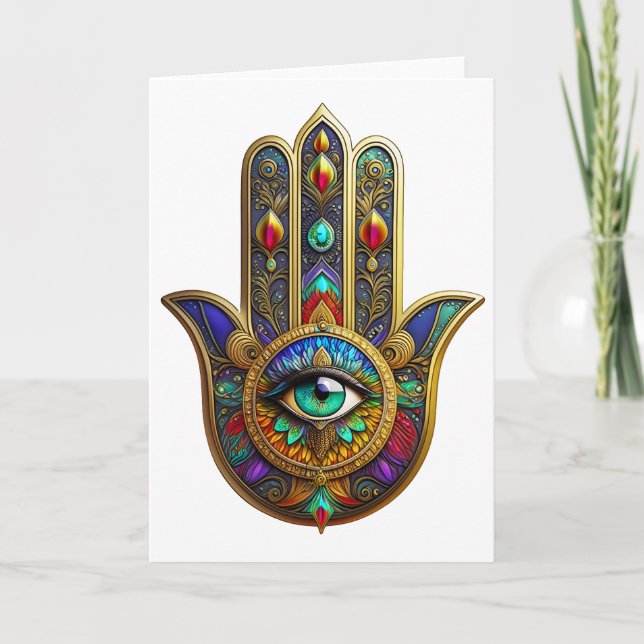 Peacock Color Flower Petals Hamsa Green Third Eye Card (Front)