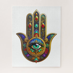 Peacock Color Flower Petals Hamsa Green Third Eye Jigsaw Puzzle