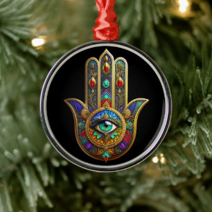 Peacock Color Flower Petals Hamsa Green Third Eye Metal Ornament